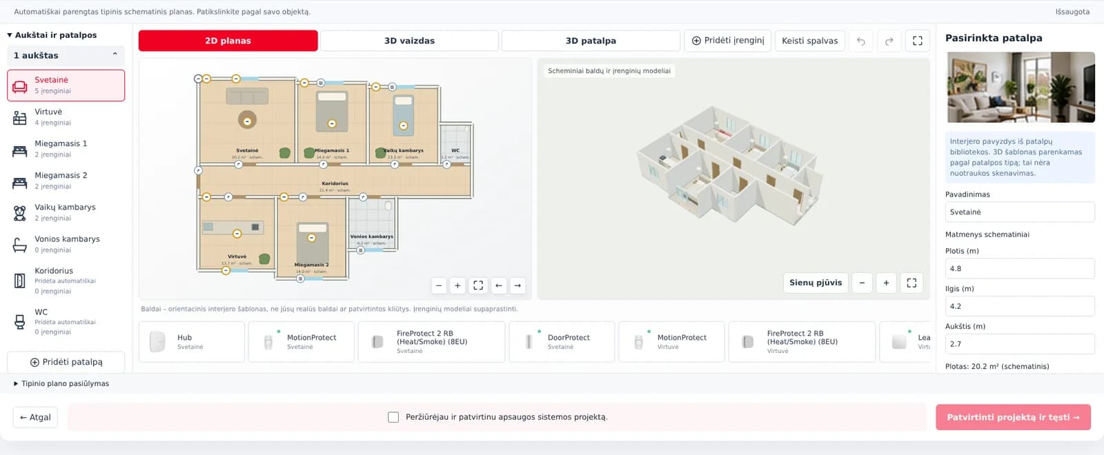 Dabartinis SaugauPats konfigūratoriaus ekranas su 2D planu ir 3D projektu
